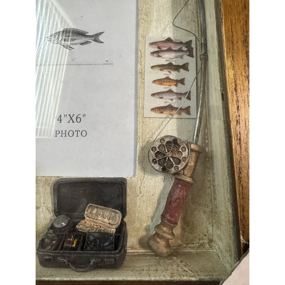 VINTAGE Frame Fishing Shadow Box 4X6 picture‎ space HEAVY Wood / Tackle Box Pole
